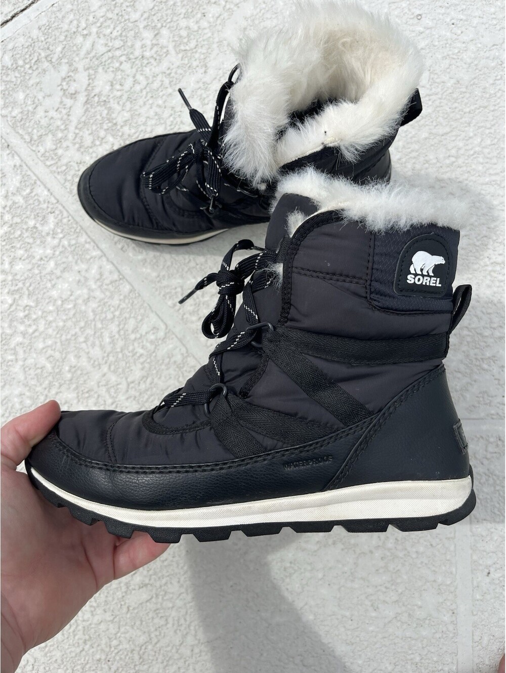 Sorel Whitney Women's Winter Boots Waterproof Size 7.5 Black White Faux Fur EUC